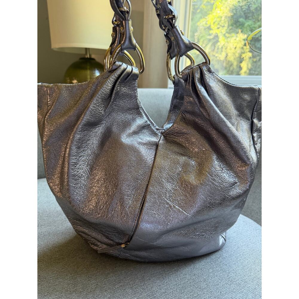 Elliot Lucca Silver Metallic Leather Shoulder Handbag Gold Braided Handles Boho - Picture 13 of 15